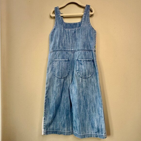 MINI BODEN Denim Rainbow Overalls Jumpsuit 6-7 122cm Blue Overall Clouds Bows - Picture 2 of 10